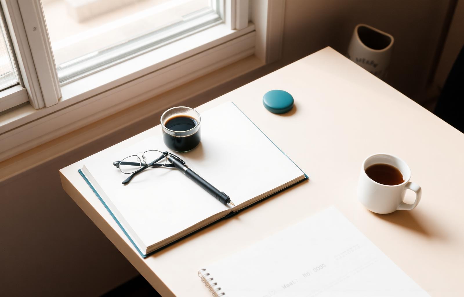 Notitieboek, pen en koffie op een bureau bij raam